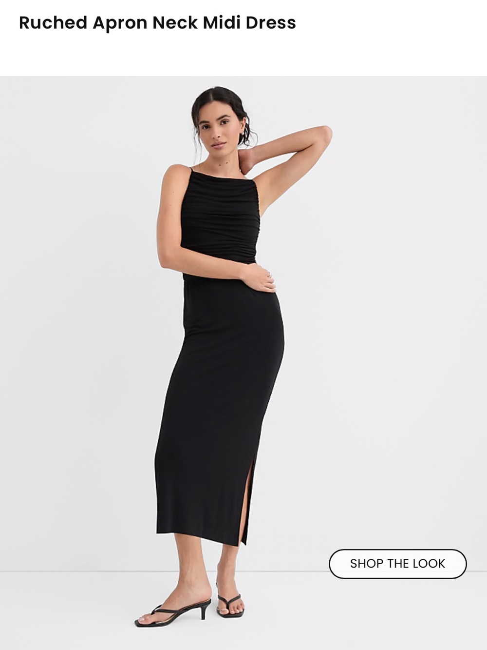 LOFT Black Ruched Apron Neck Midi Dress